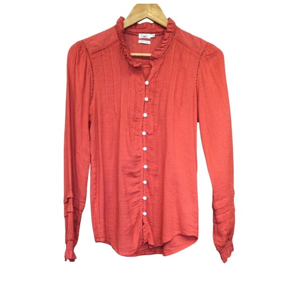 Faherty Womens Organic Cotton Button Up Blouse Boho Top Ruffle Collar Size S - Picture 1 of 6